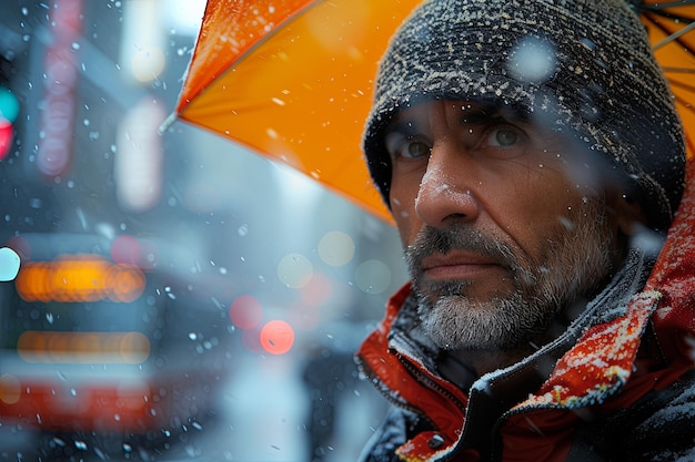 Photo man wearing a red jacket and a black hat with a beard standing in the snow with an umbrella