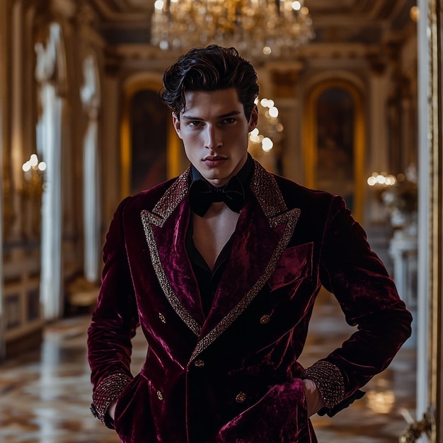 a man wearing a red jacket and bow tie stands in front of a mirror