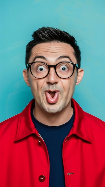 Photo a man wearing a red jacket and glasses is making a funny face this picture can be used to add humor