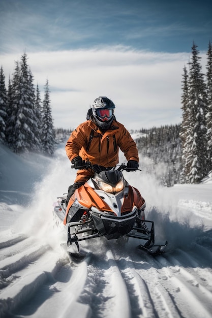 Photo a man wearing a red jacket a protective helmet and glasses on a snowmobile in winter in the forest against the backdrop of mountains