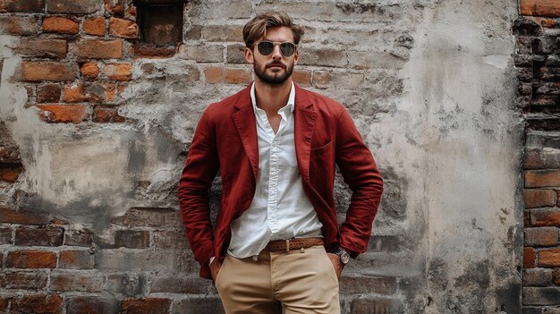 Photo a man wearing a red jacket stands in front of a brick wall