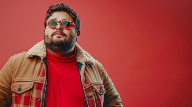 Photo a man wearing a red shirt and a brown jacket poses against a red background