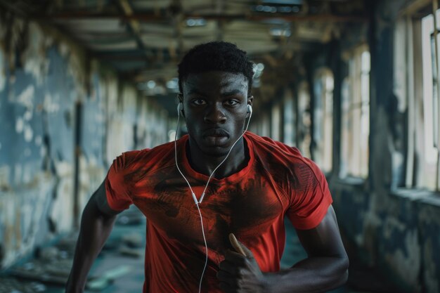 A man wearing a red shirt and earphones Suitable for music or lifestyle concepts