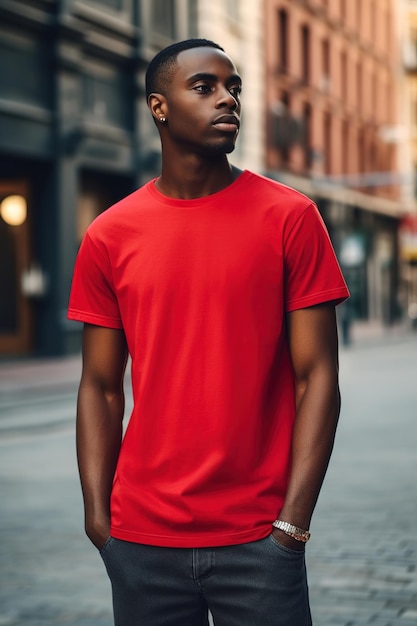 A man wearing a red shirt stands in the street wearing a red shirt.