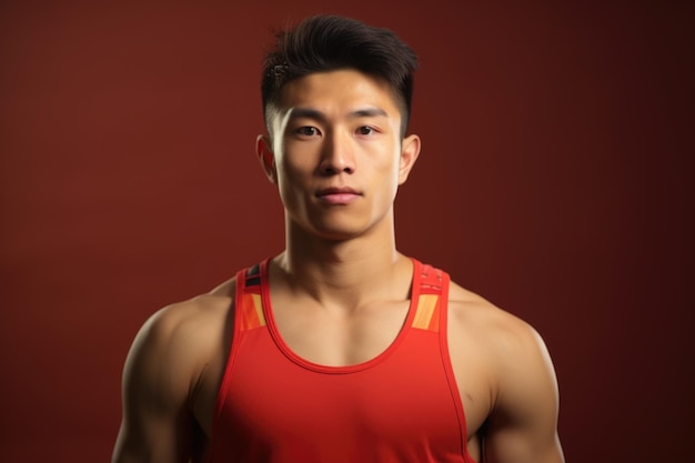 A man wearing a red tank top strikes a pose for a photo This image can be used in various contexts to depict fashion fitness or modeling