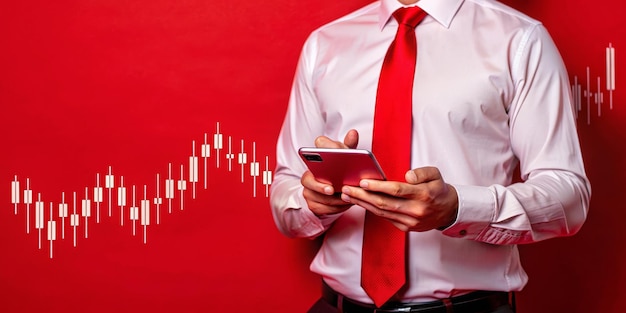 A man wearing a red tie is holding a cell phone