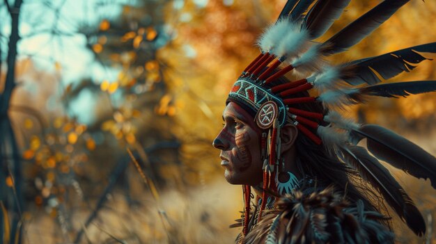 A man wearing a red and white headdress is standing in a field of yellow leaves