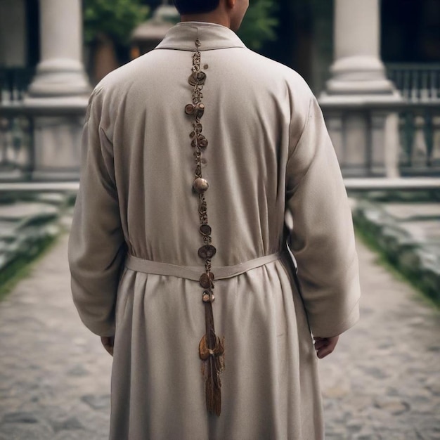 a man wearing a robe with a cross on the back of it