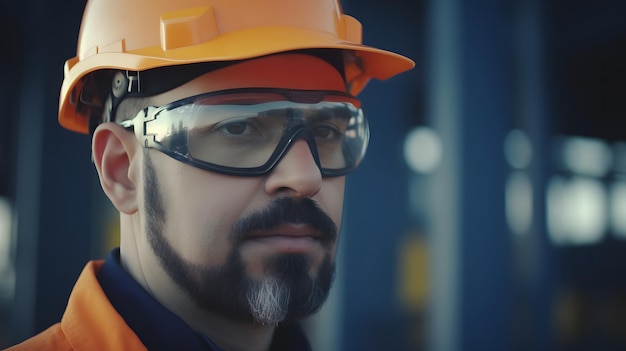 A man wearing safety goggles and a safety helmet stands in front of a blue building.