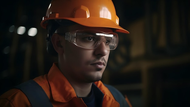 A man wearing a safety helmet and safety glasses stands in a dark room.