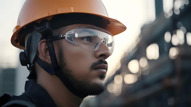 A man wearing a safety helmet and safety goggles.