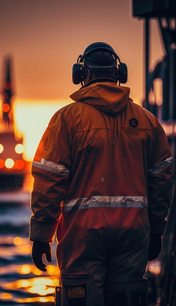 A man wearing a safety jacket stands in front of a sunset.