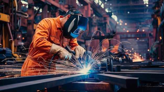 a man wearing a safety mask is working on a metal piece with a blue light