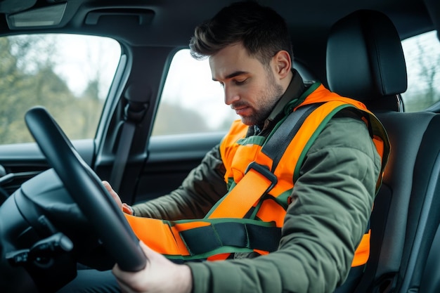 Man Wearing a Safety Vest in a Car