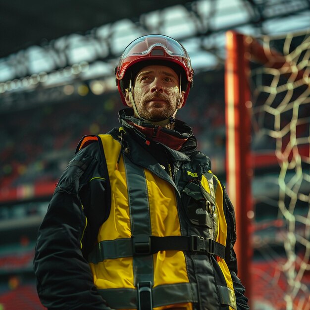 a man wearing a safety vest stands in front of a net with the word quot go quot on it