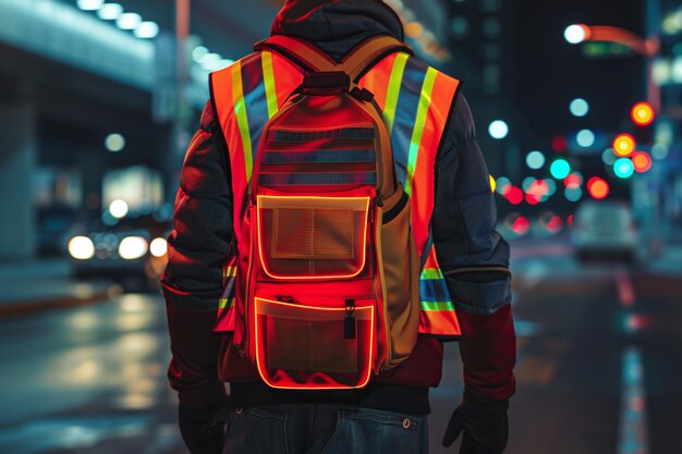 a man wearing a safety vest with a reflective vest that says  caution