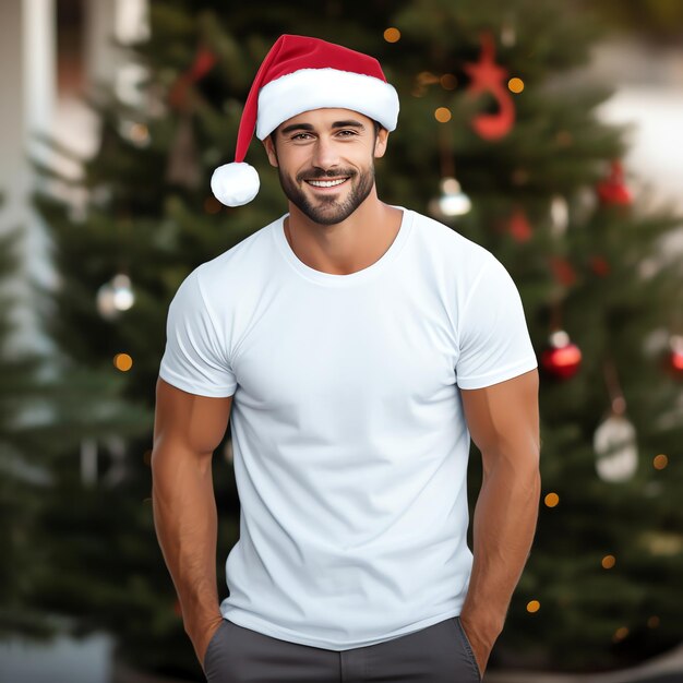 Photo a man wearing a santa hat is smiling in front of a christmas tree