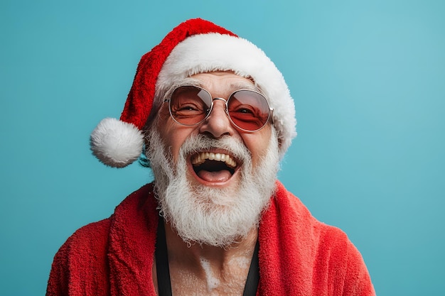 Photo a man wearing a santa hat with glasses and a santa hat