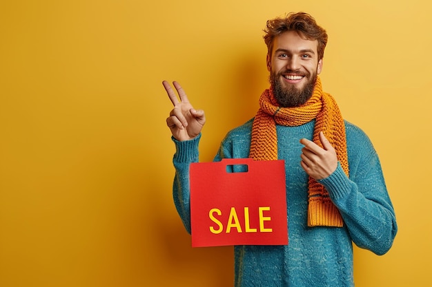 Photo a man wearing a scarf that says sale on it