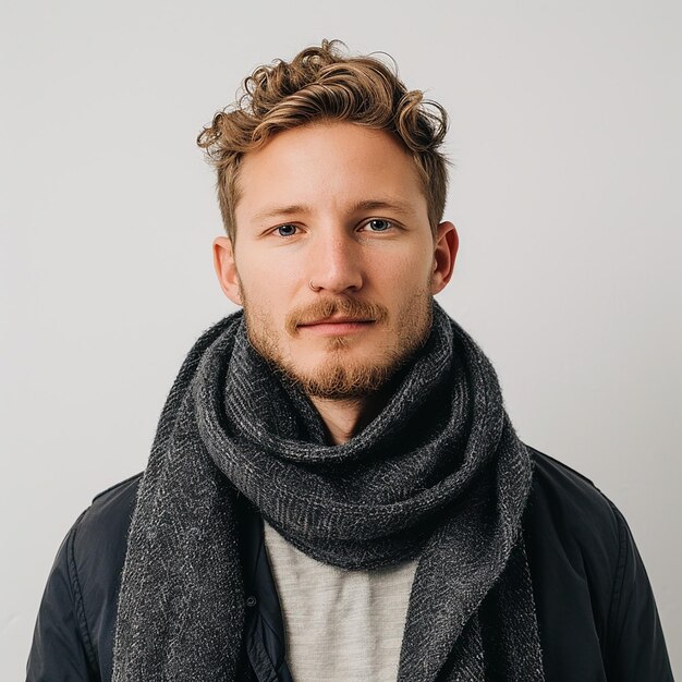 a man wearing a scarf that says the word on it