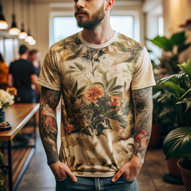 Photo a man wearing a shirt that says quot flowers quot on it