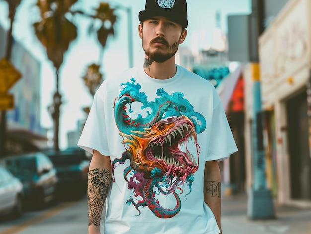 Photo a man wearing a shirt with a dragon on it