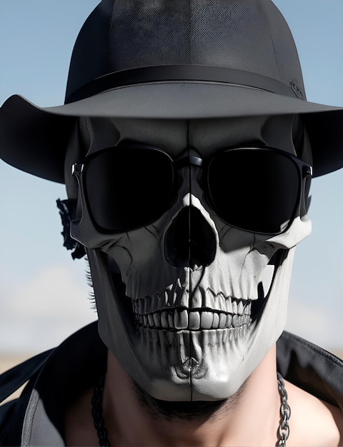 A man wearing a skull mask black hat and sunglasses in a close up view