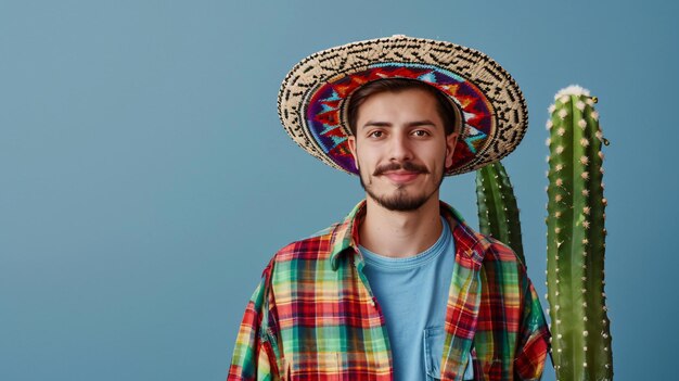 Photo a man wearing a sombrero and a colorful shirt with a cactus behind him