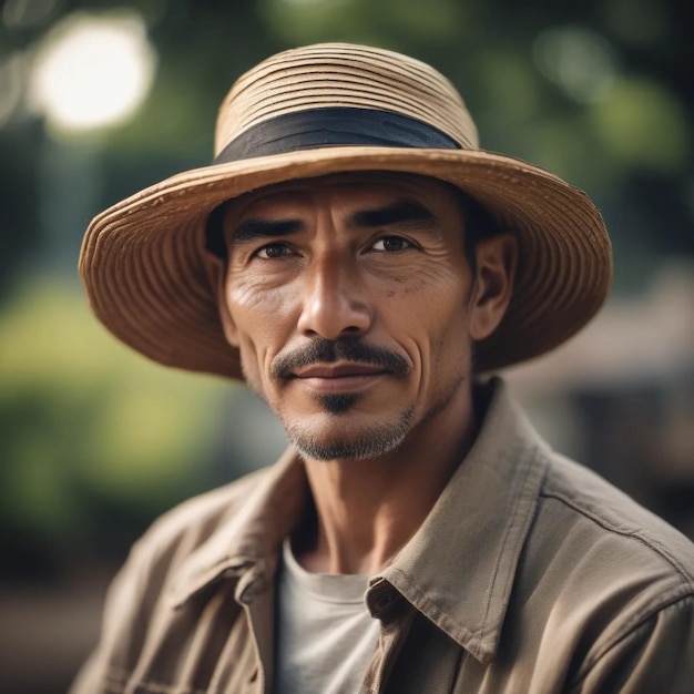 A man wearing a straw hat and holding a