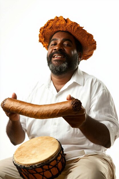 a man wearing a straw hat is holding a sausage