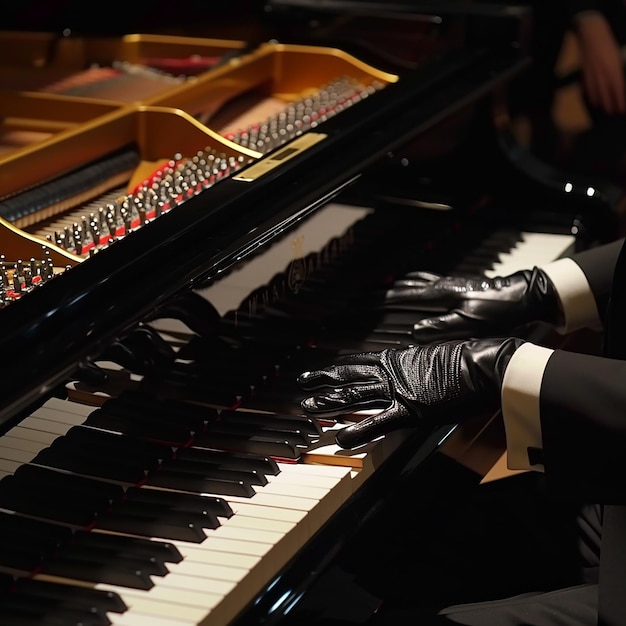 a man wearing a suit and gloves is sitting at a piano