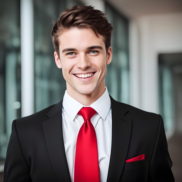 a man wearing a suit and a red tie is smiling