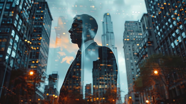 Man wearing suit standing in office at night with city skyline in the background overlayed with double exposure bokeh