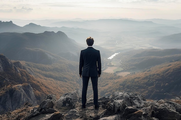 man wearing a suit and standing on the top of a mountain