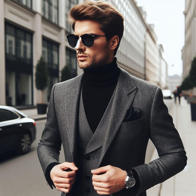 a man wearing a suit and sunglasses is walking down the street