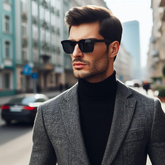 a man wearing a suit and sunglasses is walking down the street