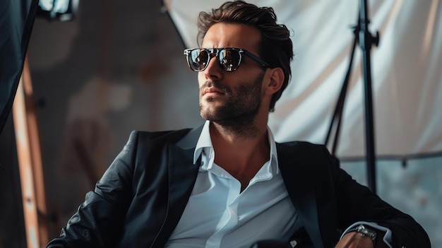 A man wearing a suit and sunglasses looks thoughtfully into the distance