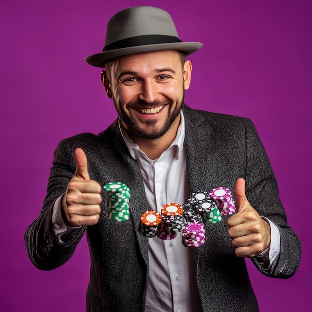 Photo a man wearing a suit and tie with the word poker on it