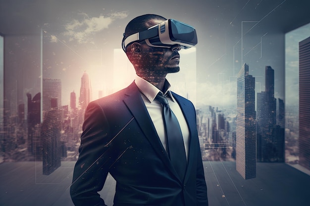 A man wearing a suit and a virtual reality headset stands in front of a cityscape.