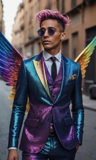 a man wearing a suit with wings and wings