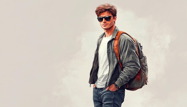 Photo a man wearing sunglasses and a jacket with a backpack on it