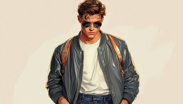 a man wearing sunglasses and a jacket with a white shirt on it