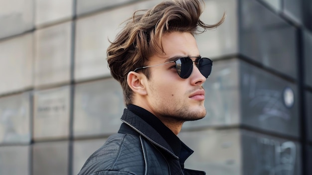 a man wearing sunglasses and a leather jacket is standing outside