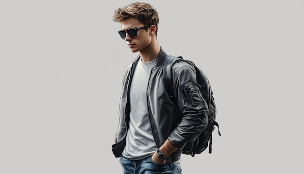 a man wearing sunglasses and a leather jacket stands in front of a gray background