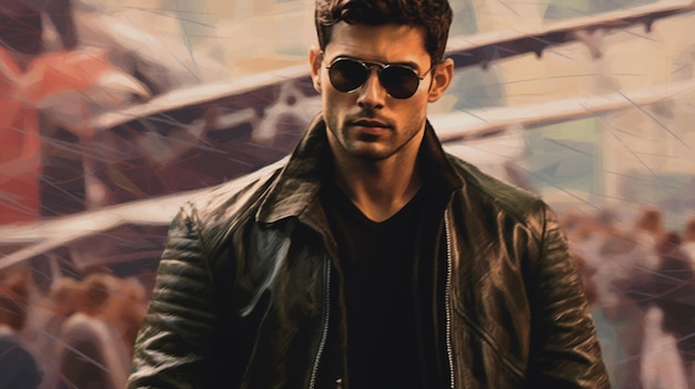 A man wearing sunglasses and a leather jacket