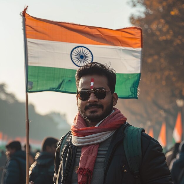 a man wearing sunglasses and a scarf with a symbol on it