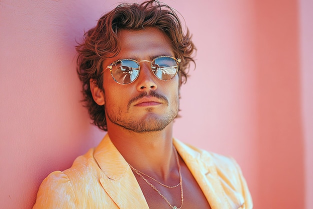 Photo a man wearing sunglasses and a shirt with a gold chain around his neck