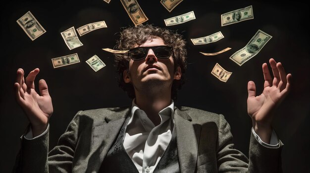 Photo a man wearing sunglasses sits confidently with dollar bills swirling around him in a darkened setting creating an atmosphere of wealth and power