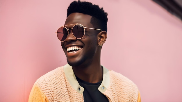 A man wearing sunglasses smiles in front of a pink wall.