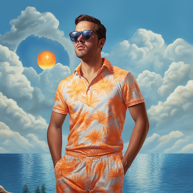 Photo a man wearing sunglasses stands in front of a blue sky with clouds and sun in the background